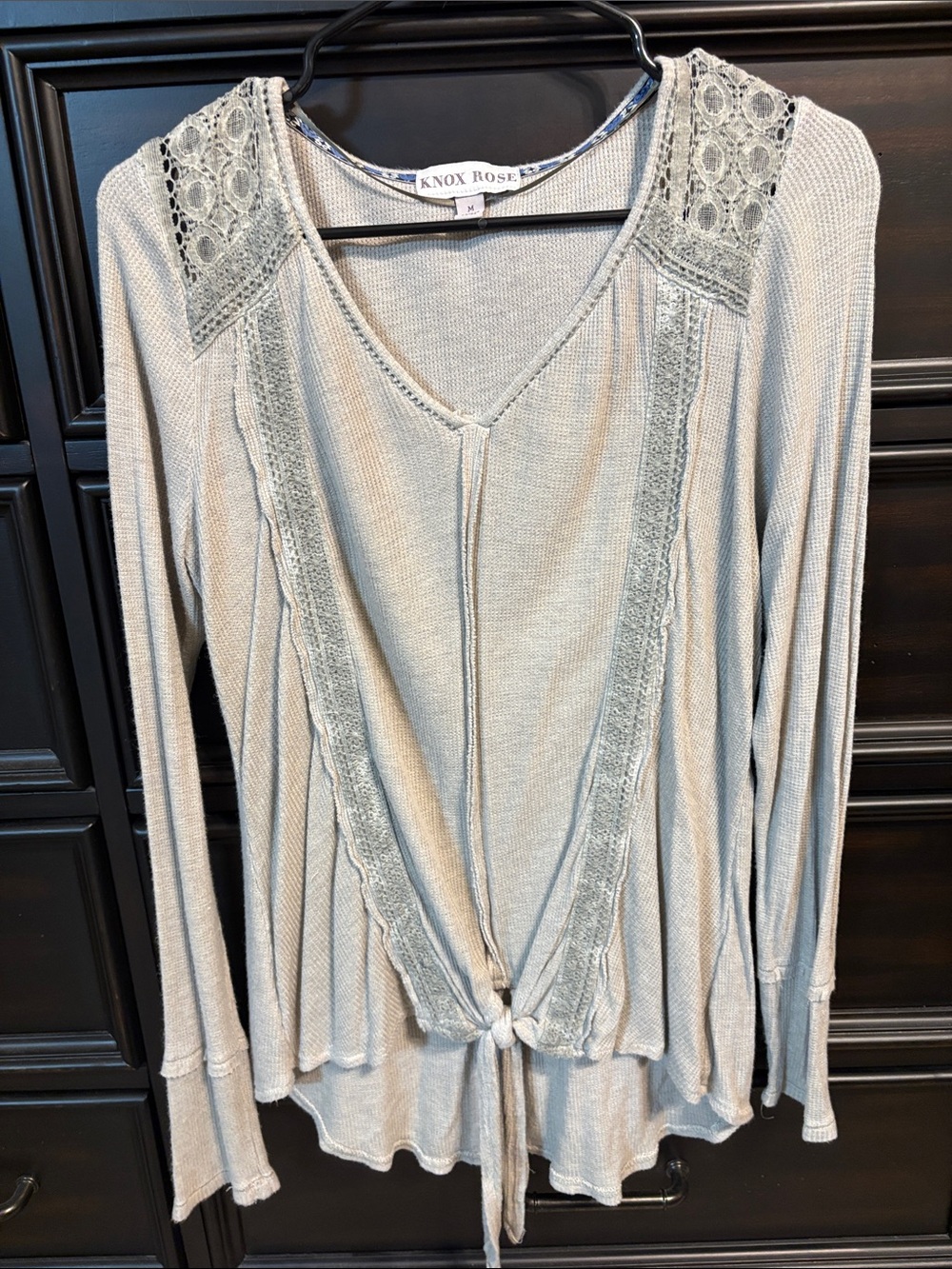Knox Rose Olive Lace-Trim Tie-Front Long Sleeve Top